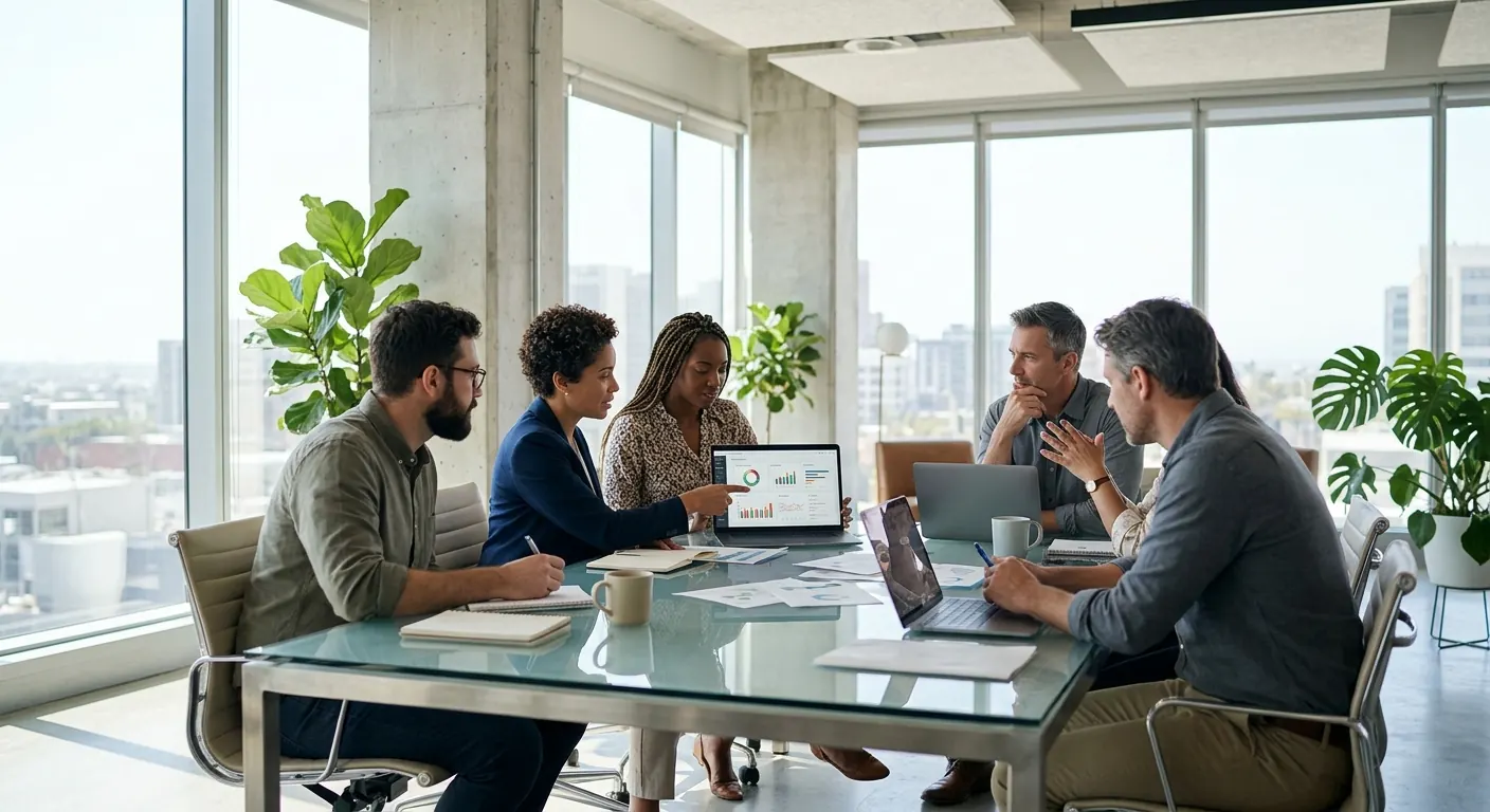 Équipe professionnelle collaborant autour d'une table en verre dans un bureau moderne lumineux avec fenêtres panoramiques.