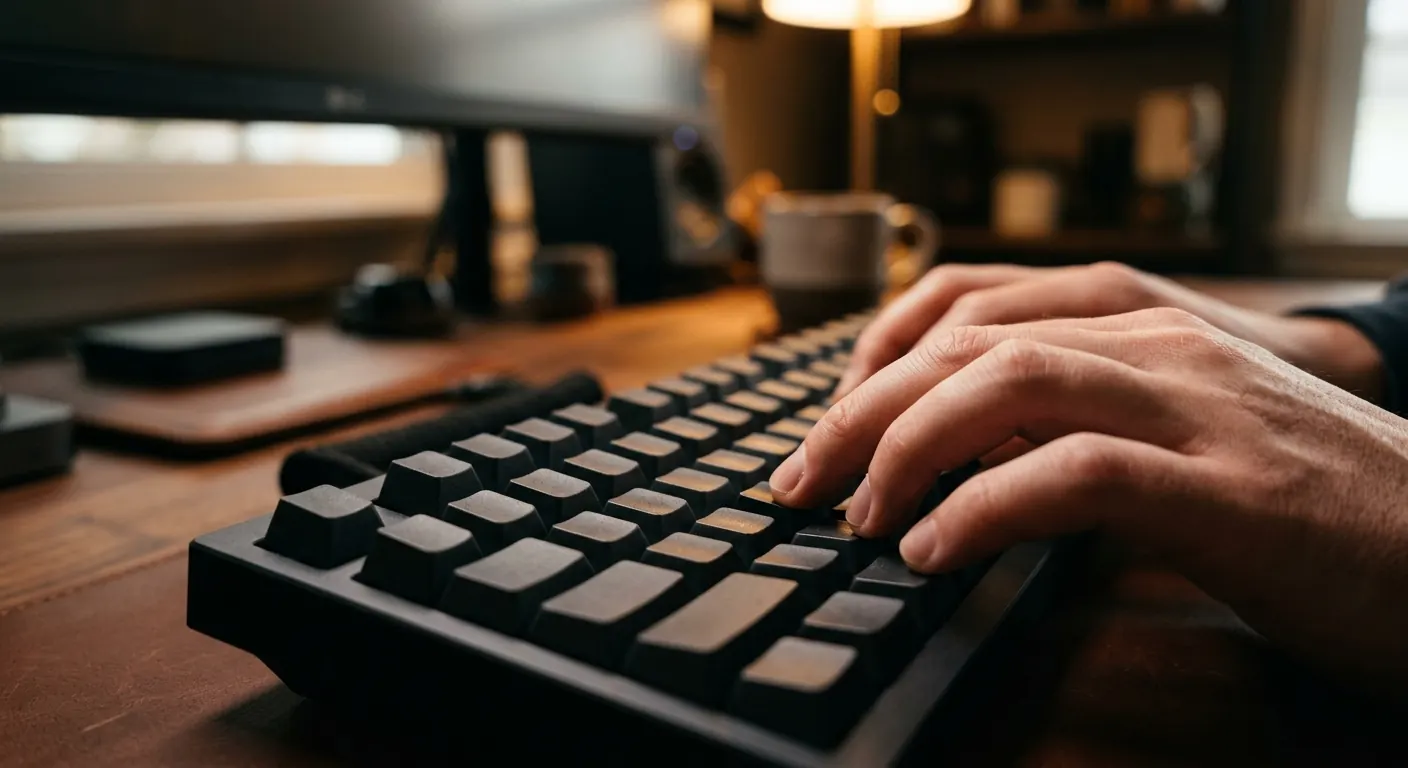 Gros plan des mains tapant sur un clavier mécanique avec profondeur de champ réduite et éclairage ambiant doux.