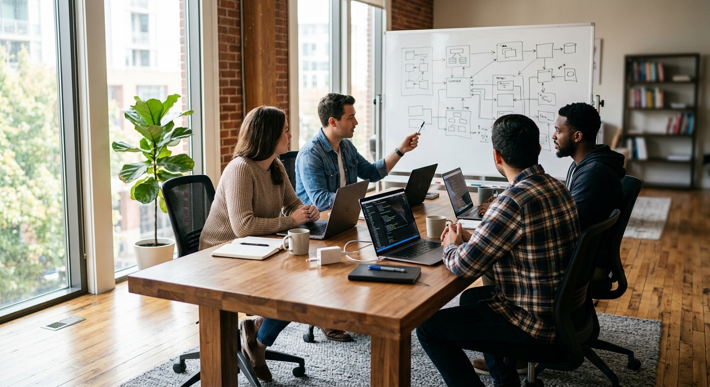 Team of developers collaborating around a table in a bright modern office with laptops and whiteboards.