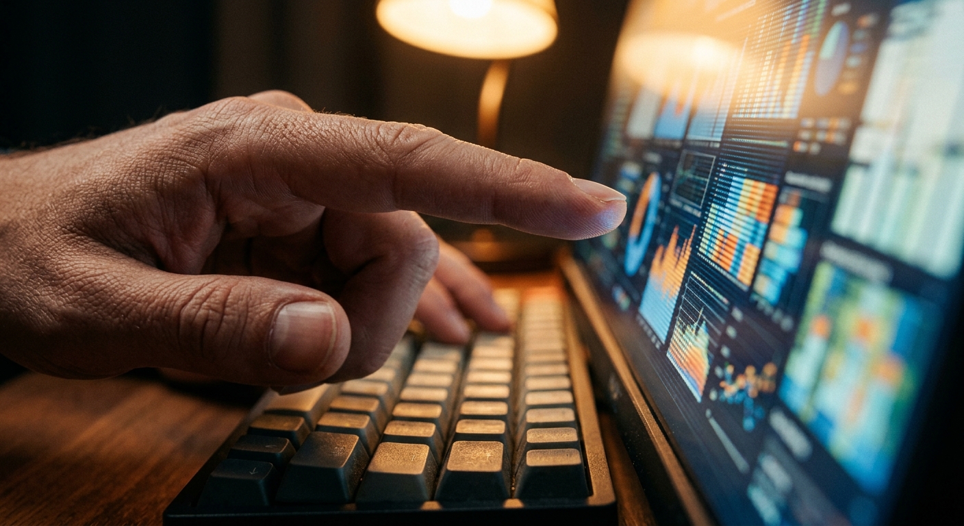 Close-up of a hand pointing at a computer screen with data and analysis charts.