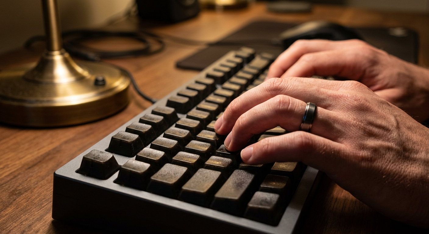Gros plan des mains tapant sur un clavier mécanique avec précision et concentration.