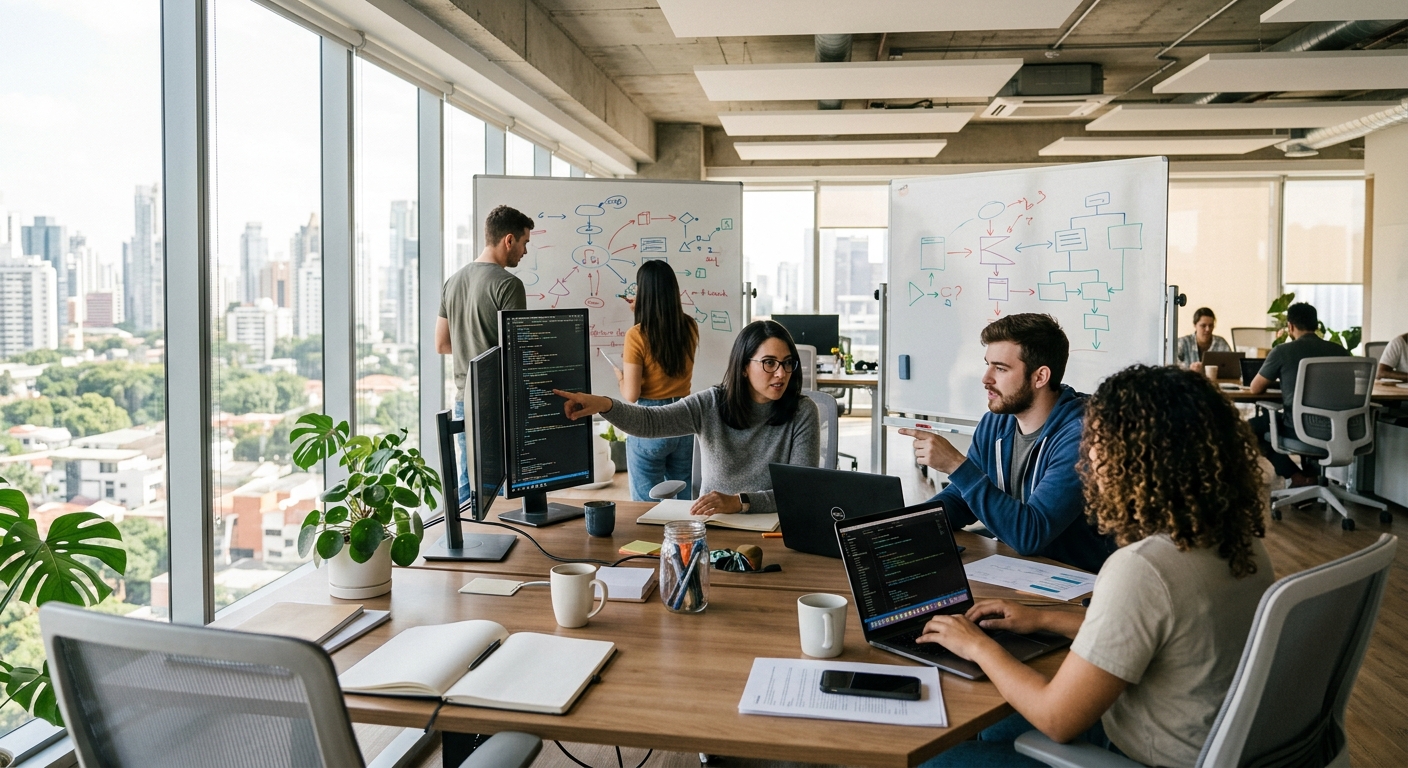 Une équipe de développeurs collabore dans un bureau moderne lumineux, entourée d'écrans et de matériel informatique.
