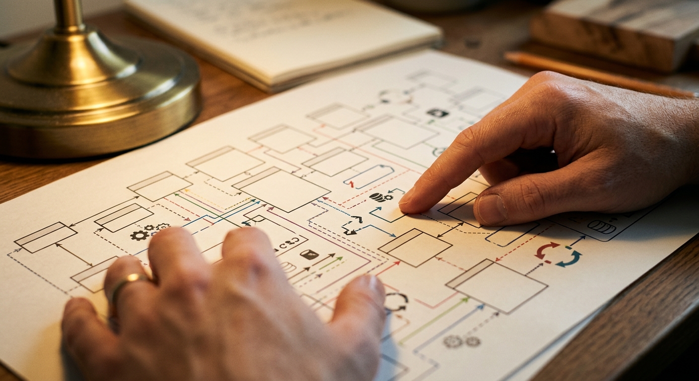Gros plan de mains examinant un schéma technique imprimé avec diagrammes et connexions de données.
