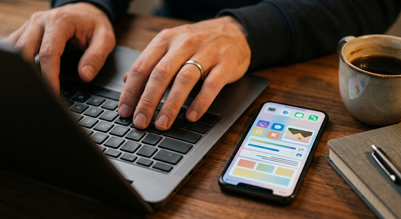 Gros plan des mains tapant sur un clavier d'ordinateur portable avec un smartphone affichant une application à proximité.