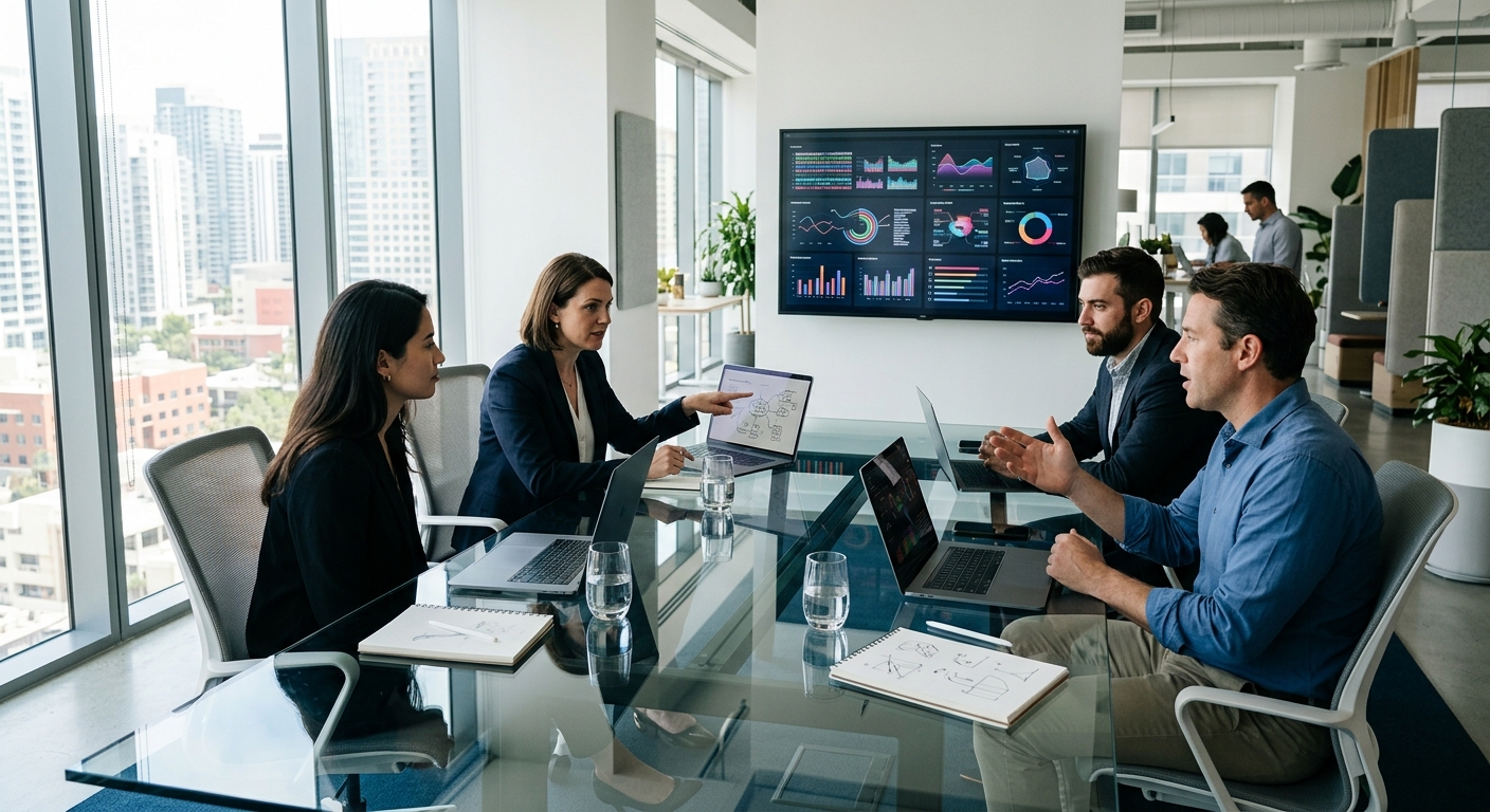Équipe opérationnelle collaborant autour d'une table en verre dans un bureau moderne et lumineux avec des ordinateurs portables.