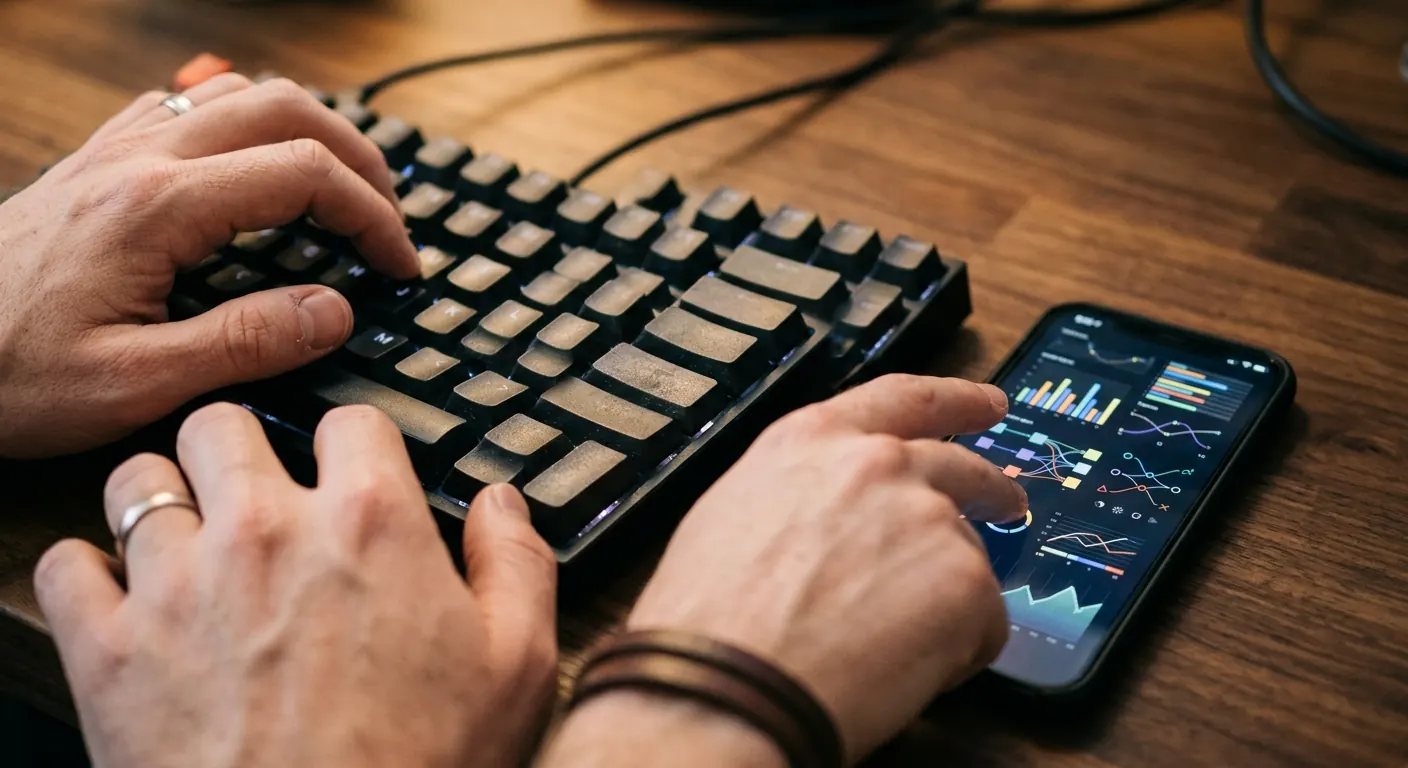 Hands on a mechanical keyboard alongside a phone displaying live sales analytics — the tactile reality of operating an automated pipeline.