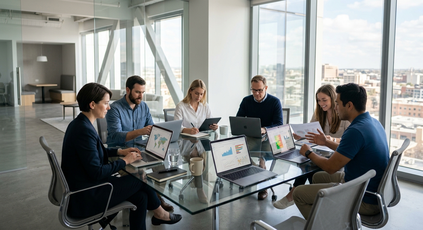 Operations team collaborating around a glass table in a bright modern office with large windows.
