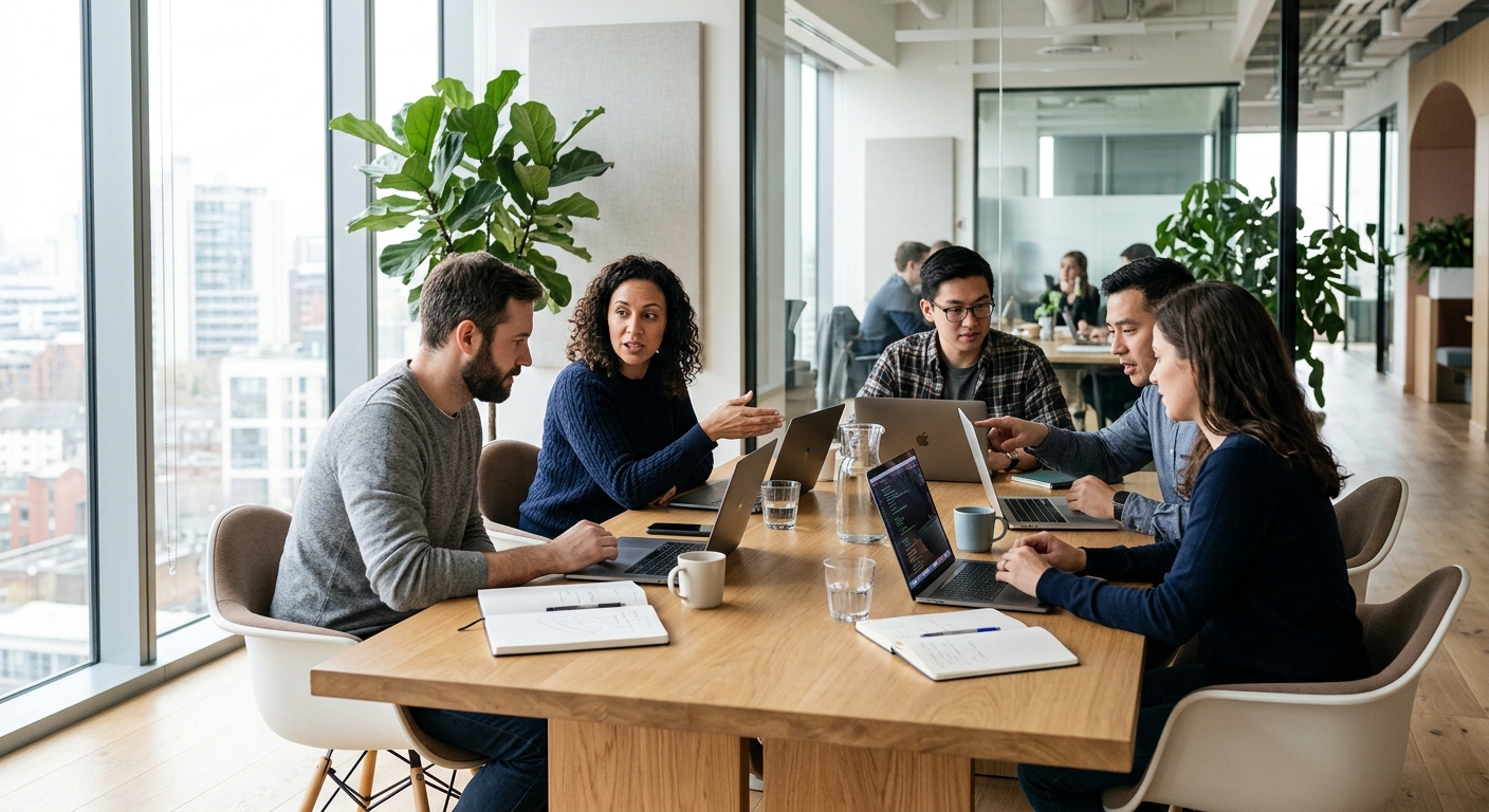 Tech team collaborating around a table in a bright modern office with windows.