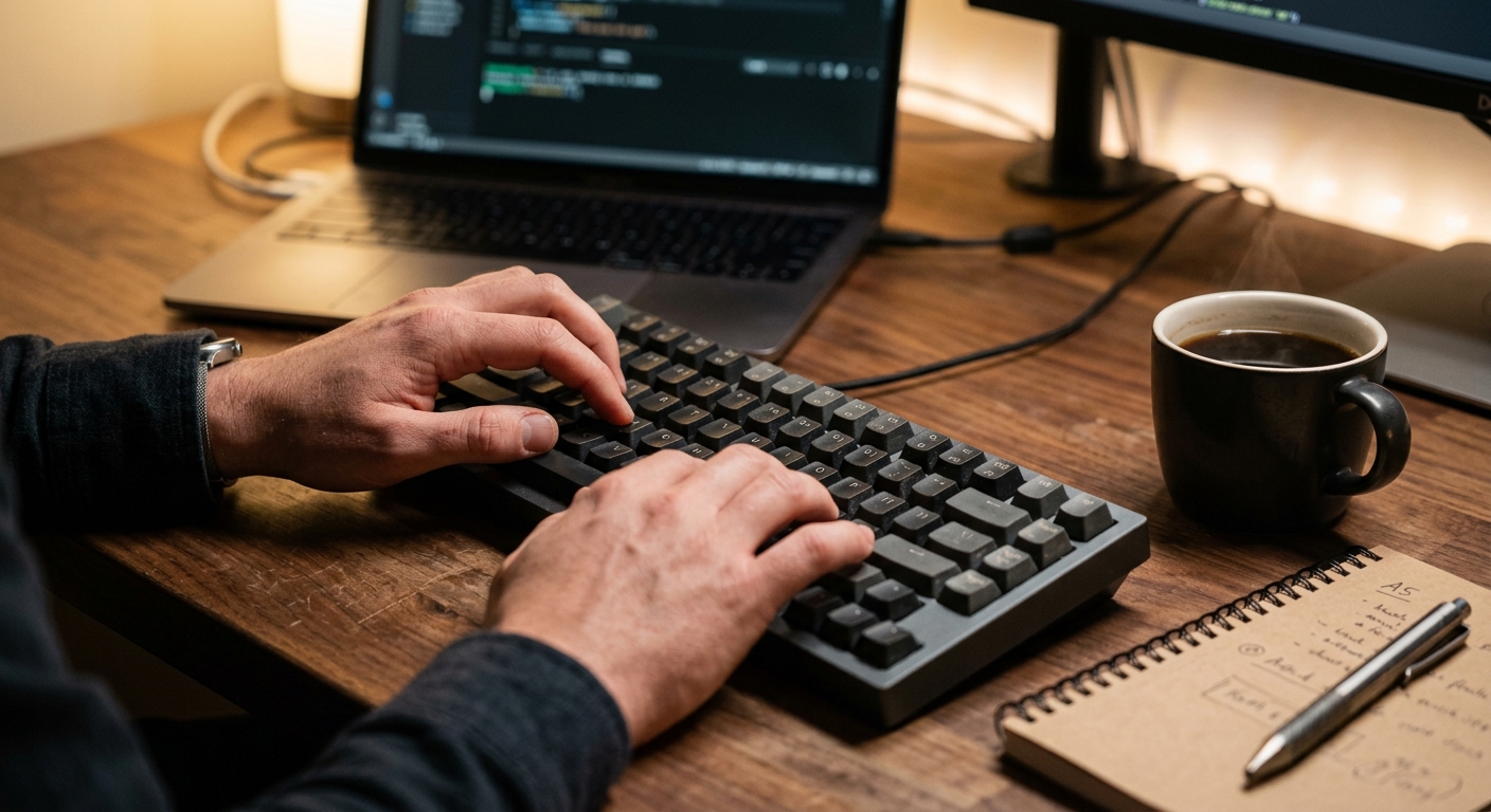 Close-up of developer hands typing on a mechanical keyboard with coffee nearby.