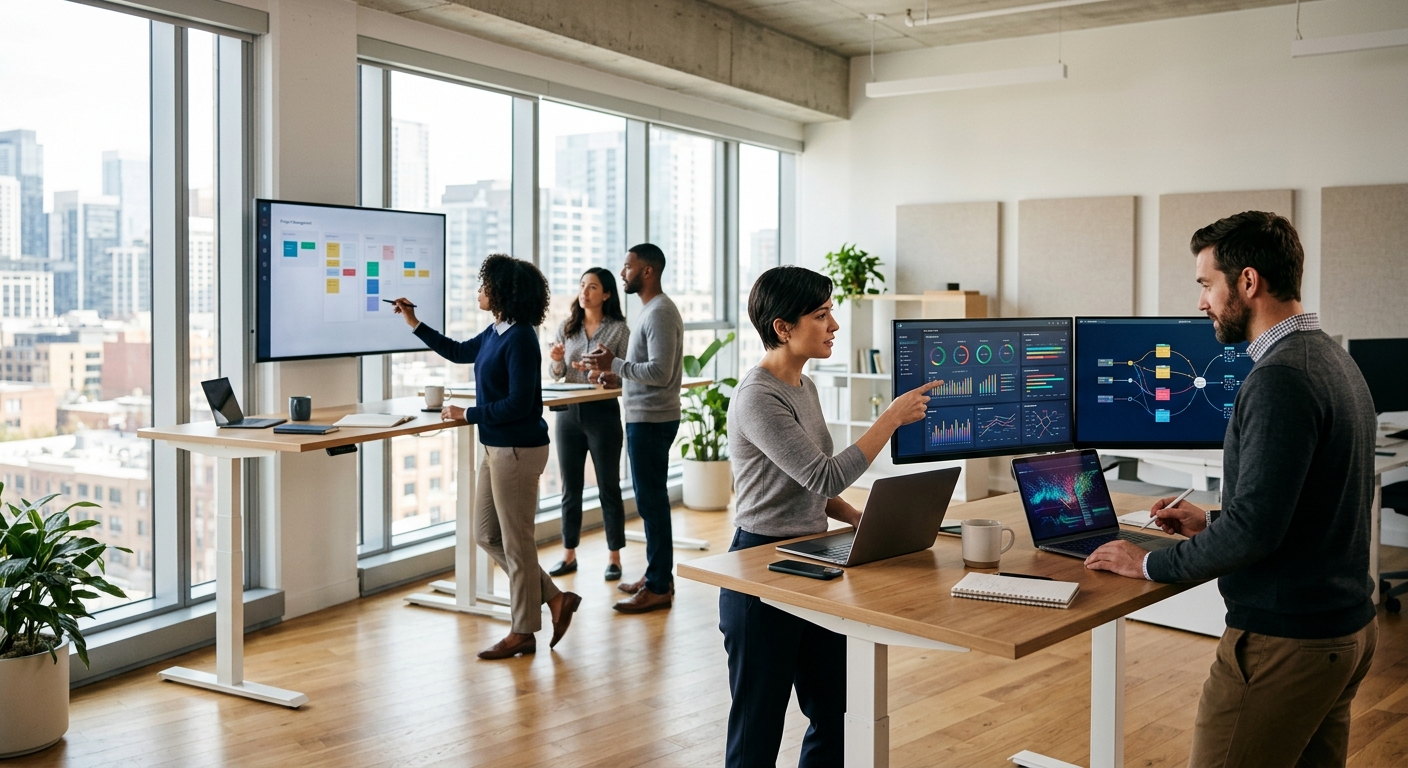 Operations team collaborating in a bright modern office with glass walls and digital monitors.