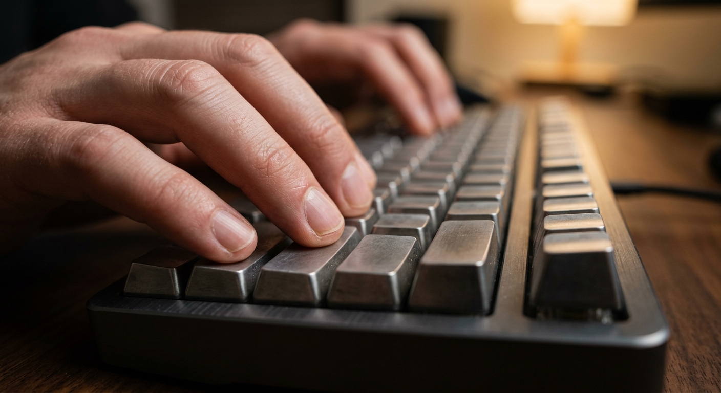 Close-up of hands typing on a keyboard with precision, tactile and technological detail.