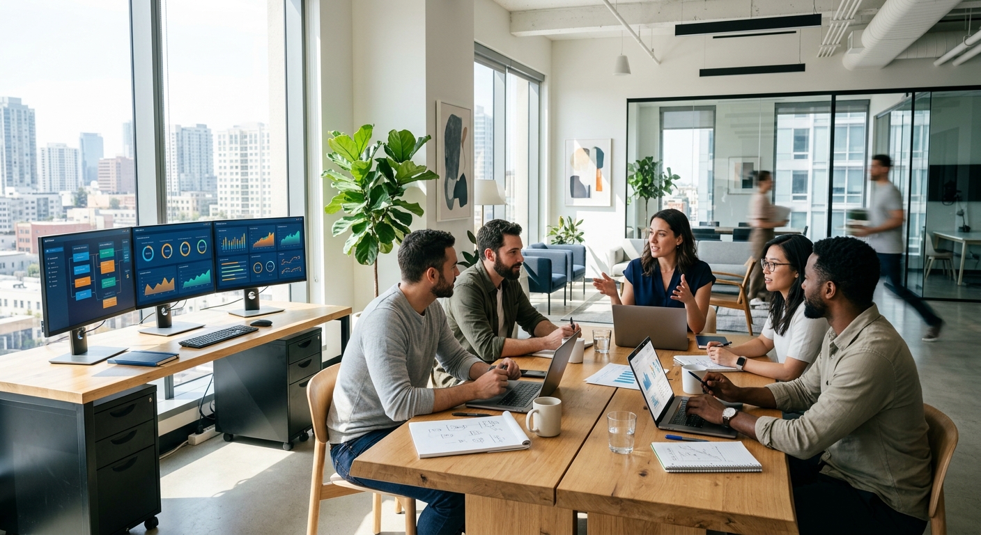 Operations team collaborating in a bright modern office with multiple screens displaying dashboards.