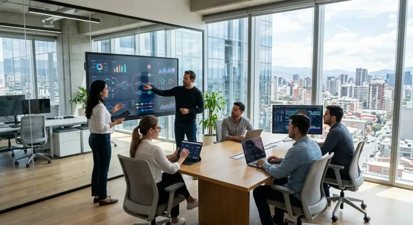Équipe moderne collaborant dans un bureau lumineux avec baies vitrées, écrans numériques et processus d'automatisation visibles.