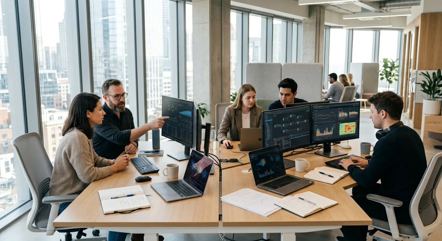 Équipe ops B2B observant des dashboards de ventes et de pipeline sur plusieurs écrans dans un bureau moderne.