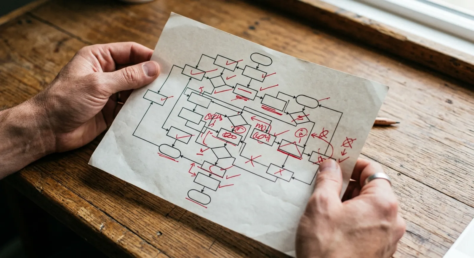 Close-up of hands annotating a printed process diagram with corrections and red markings.
