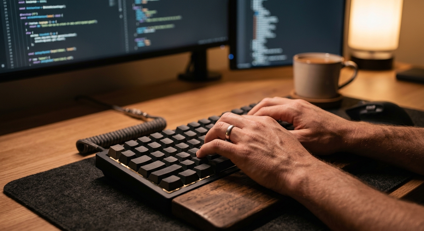 Gros plan des mains d'un développeur tapant sur un clavier mécanique avec précision et engagement.