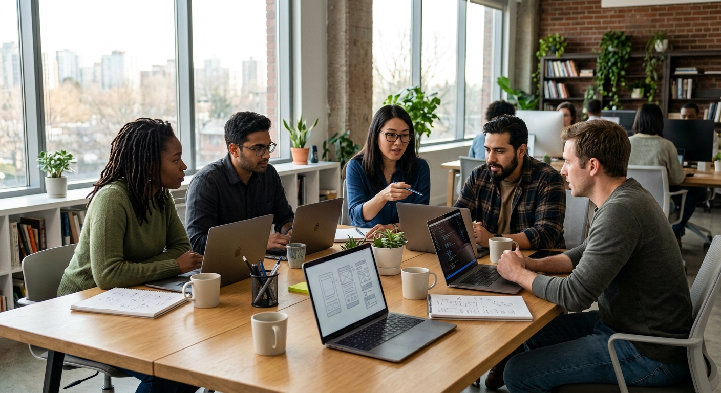 A team of developers collaborating around a desk in a modern, bright startup office.