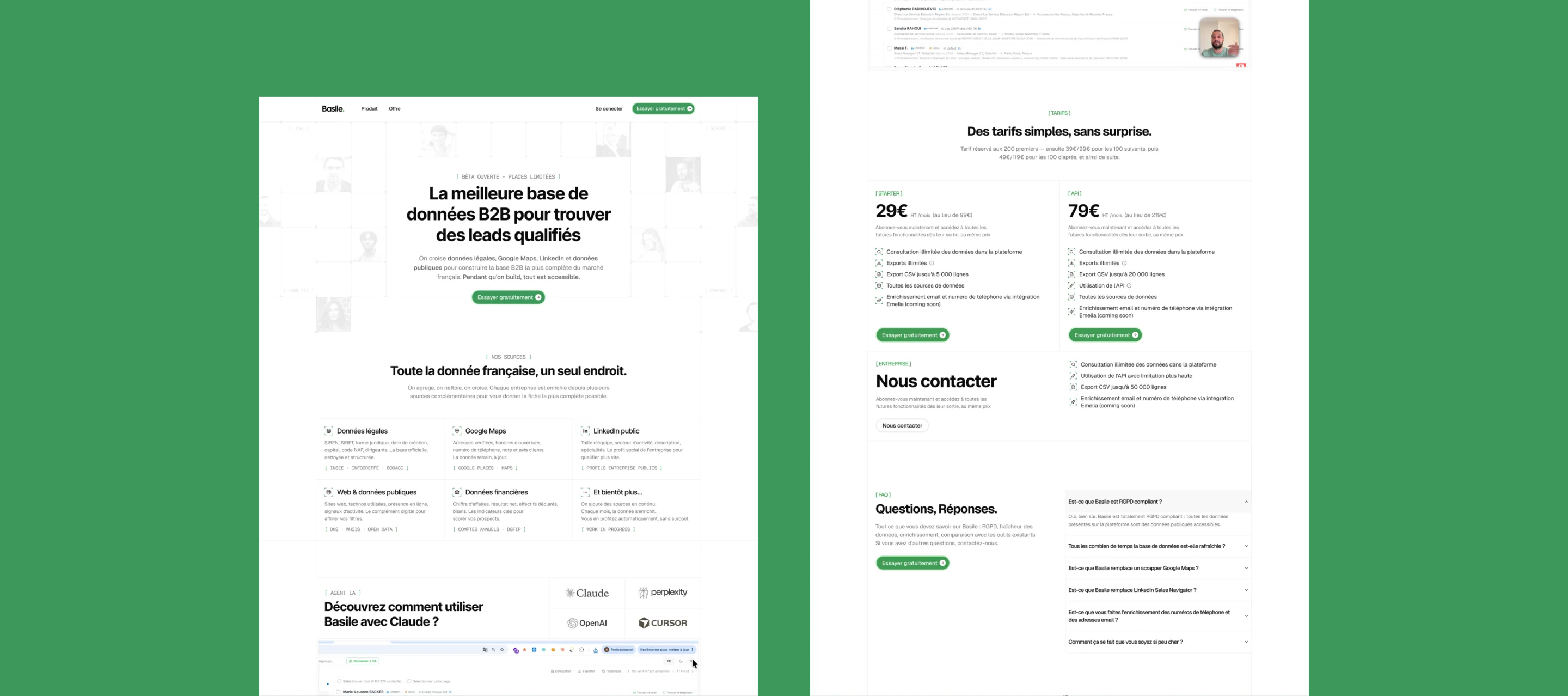 Preview of the Basile landing page — product screens