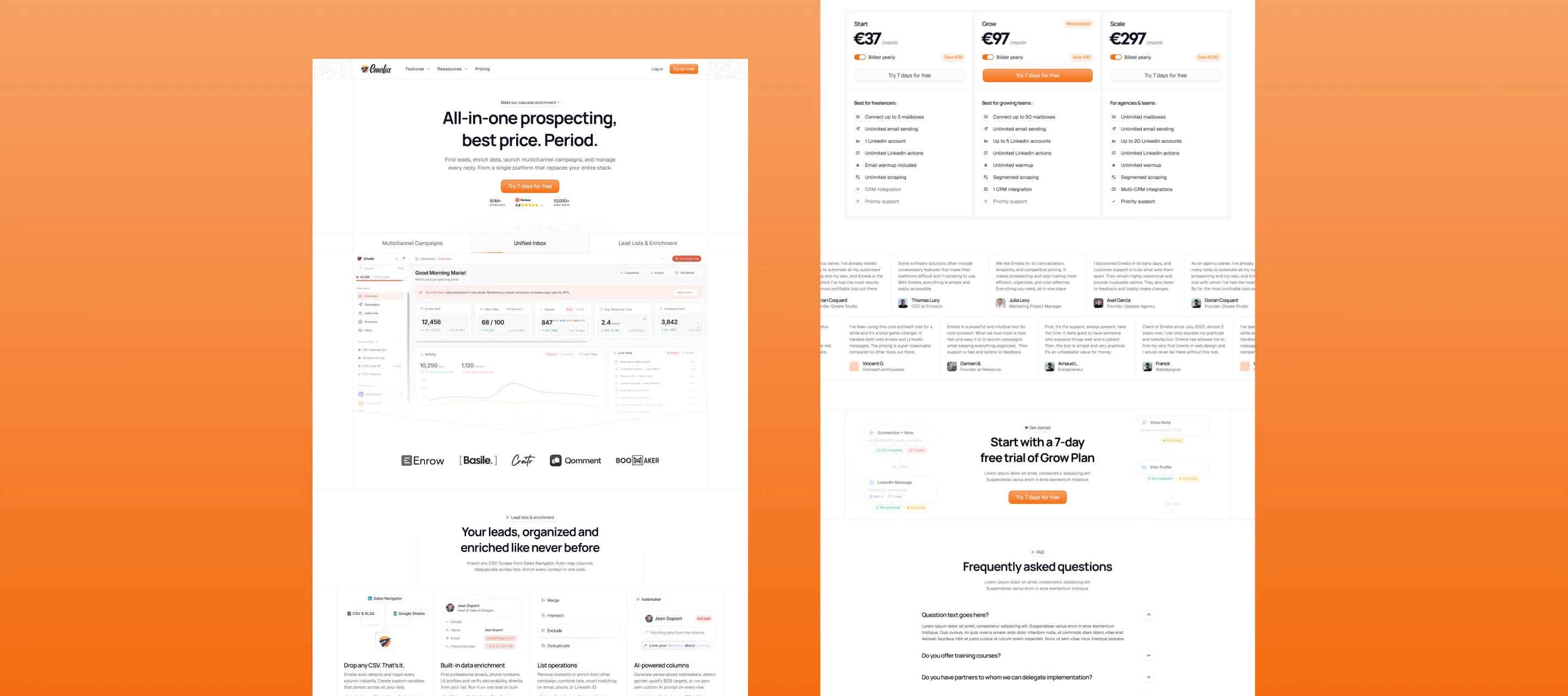 Preview of the new Emelia.io website — product pages
