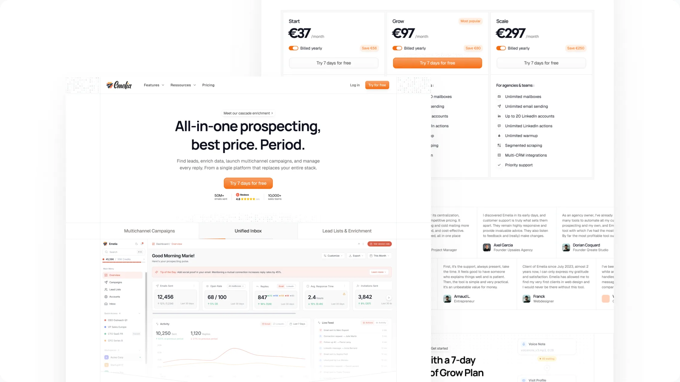 Screen from the new Emelia.io website