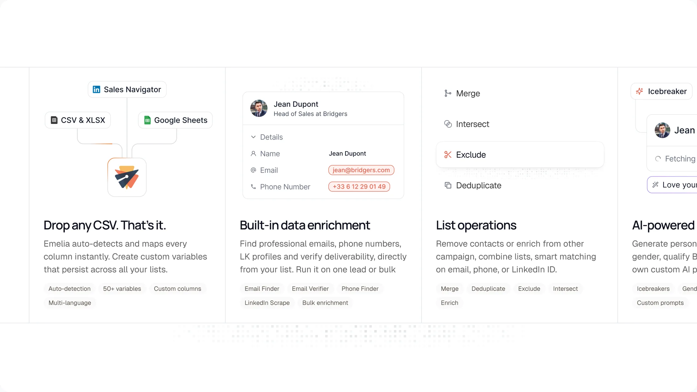 Screen from the new Emelia.io website