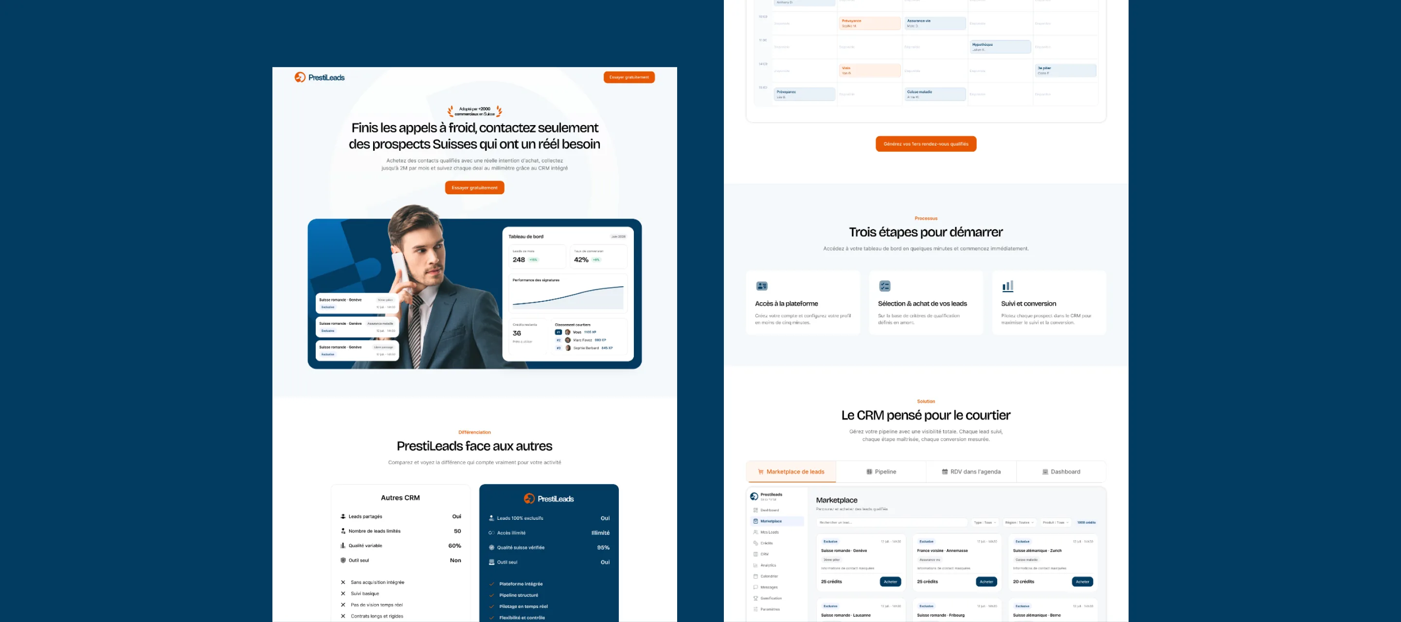 Preview of the new PrestiLeads landing page — lead marketplace screens